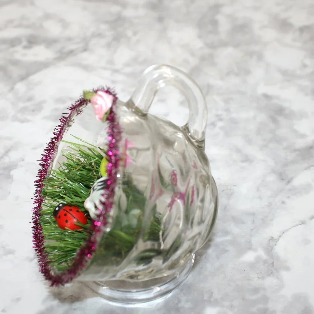 HAND CRAFTED Cat Gray Spring Decor Ornament Upcycled Cup Grass Animal Pet Floral